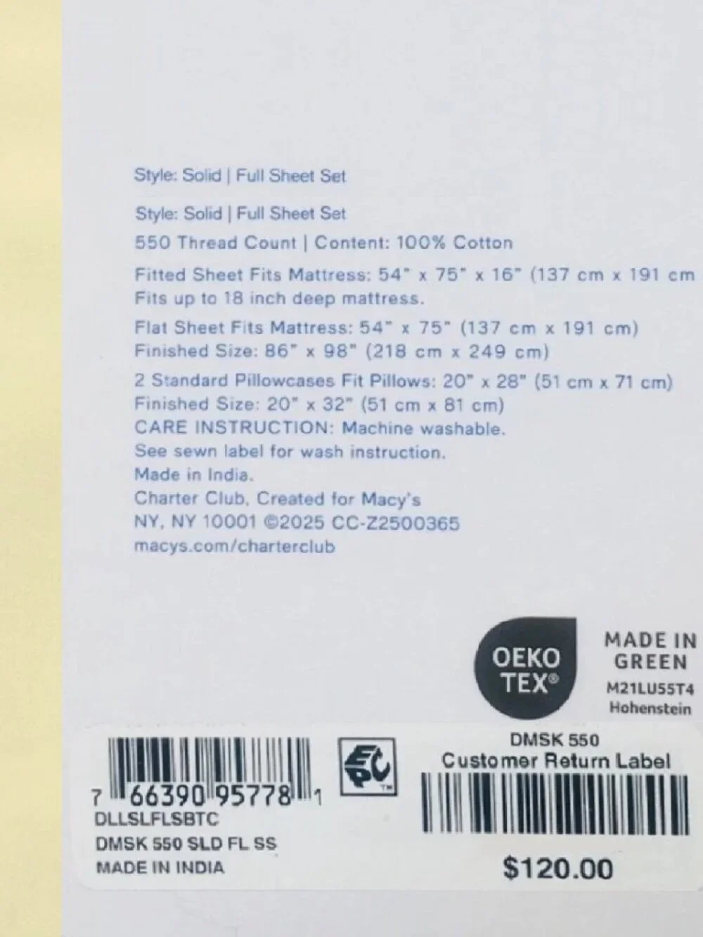 Charter Club Damask Solid 550 TC 100% Cotton FULL Sheet Set in BUTTERCUP YELLOW